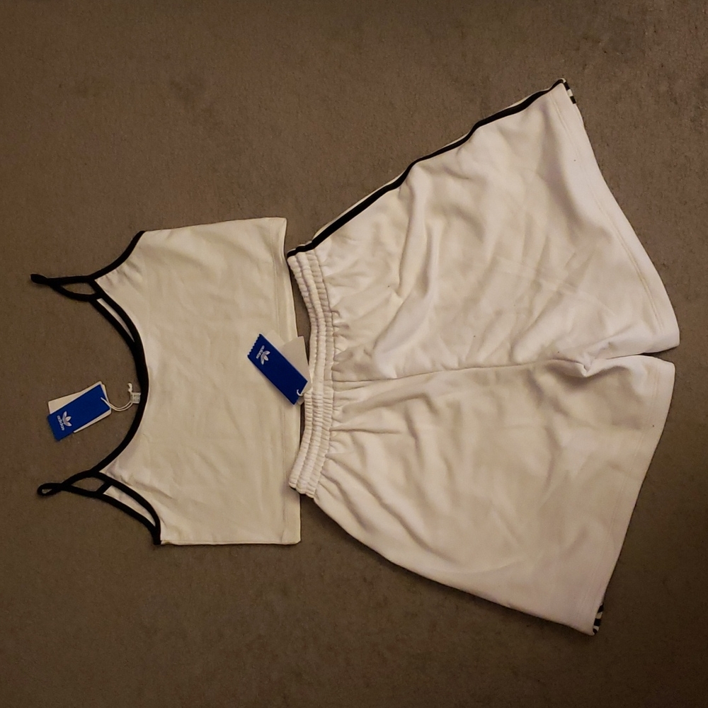Adidas White Black Tank Top Jogger Fleece Shorts SET - Picture 9 of 10
